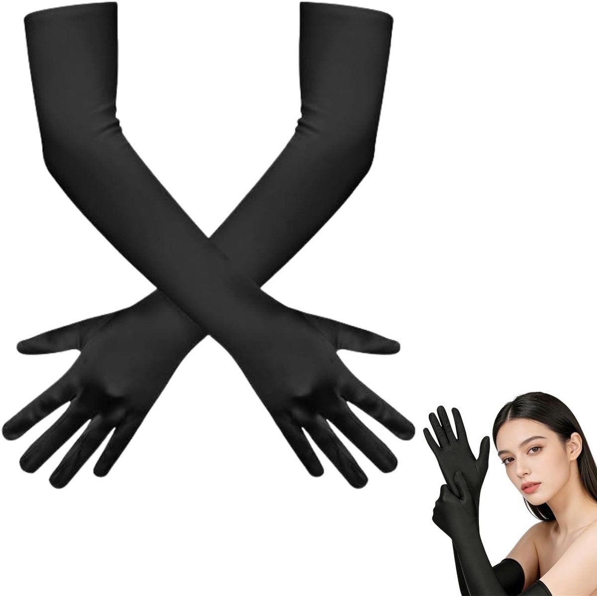 Lange zwarte satijnen handschoenen voor dames, 43 cm, perfect voor bruiloften, kostuumfeesten en dans evenementen