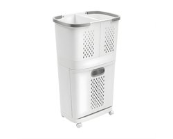 2-Laags Wasmand met Wielen – Multifunctionele Laundry Sorter met Uitneembare Wasmand – Badkamer Opberg Organizer – Grijs/Wit