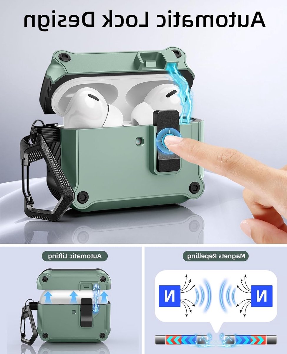 Beschermende Hard Case voor AirPods Pro 3 (2025) met Veilige Sluiting, Automatische Pop-up en Schoonmaakset - Ideaal voor Sport en Buitenactiviteiten, Cyan en Zwart