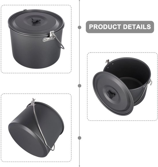 Outdoor Picknickpan - Hangpan van aluminiumlegering voor op de camping - Grote kookpan voor boven het kampvuur & stapelbare set - 4L — afbeelding 2