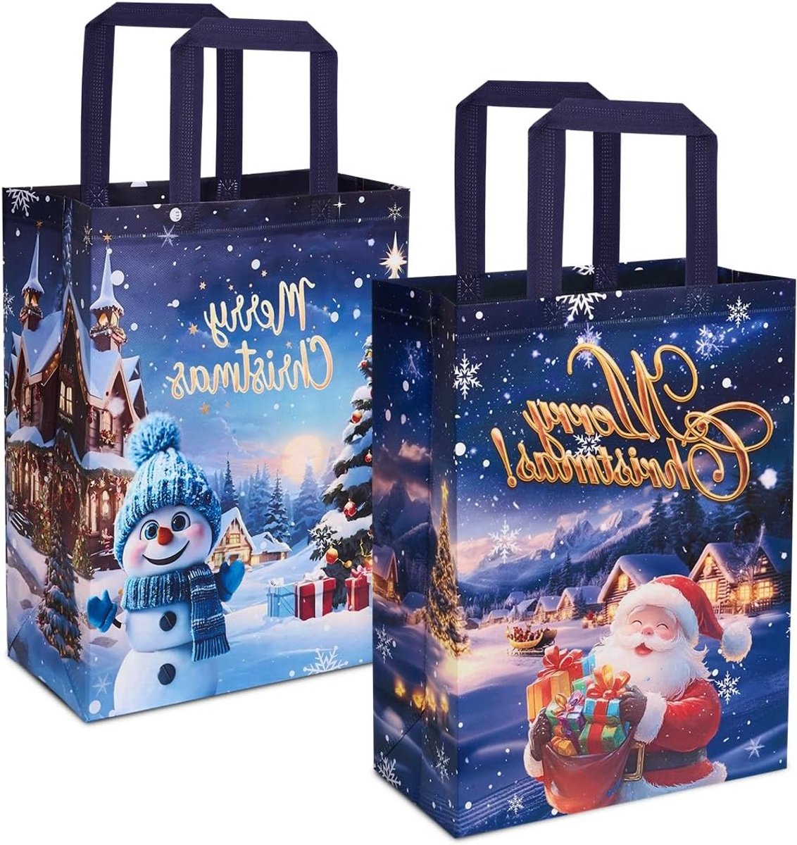 Grote Herbruikbare Kersttassen, 2 Stuks, Met Sneeuwman en Kerstman Print voor Cadeaus en Verpakking