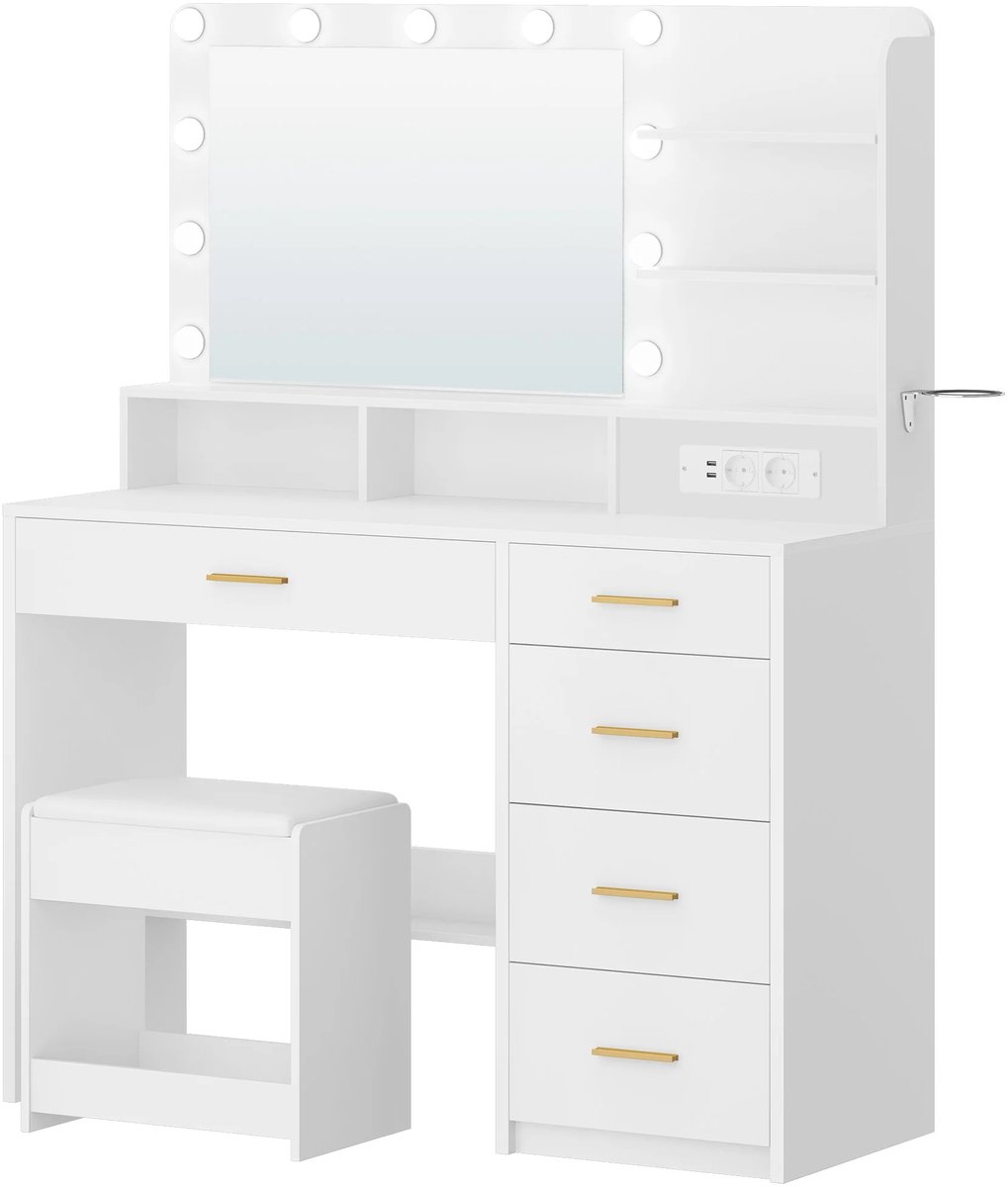 Happiq Dressing Table – Voor Slaapkamer en Make-up – Kaptafel met Grote Spiegel, 10 LED-Lampen, Stopcontact en Föhn Houder – Inclusief Kruk – Wit White
