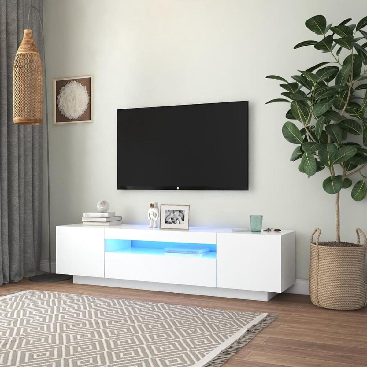 Tv-meubel - Media kast - Woonkamer entertainment - Met LED-verlichting - 160x35x40 cm - Wit