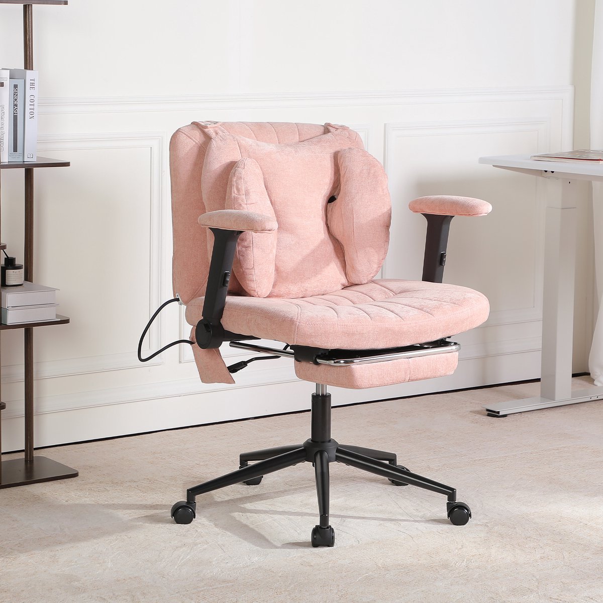 Ergonomische Bureaustoel - Fauteuilstoel - Brede Verdikte Zitting met Voetsteun - Verstelbare Opblaasbare Lendensteun - In Hoogte Verstelbare Armleuningen - Verstelbare Rugleuning - 360° Draaibaar met Stille Wielen - Stoel voor Studeerkamer-Roze