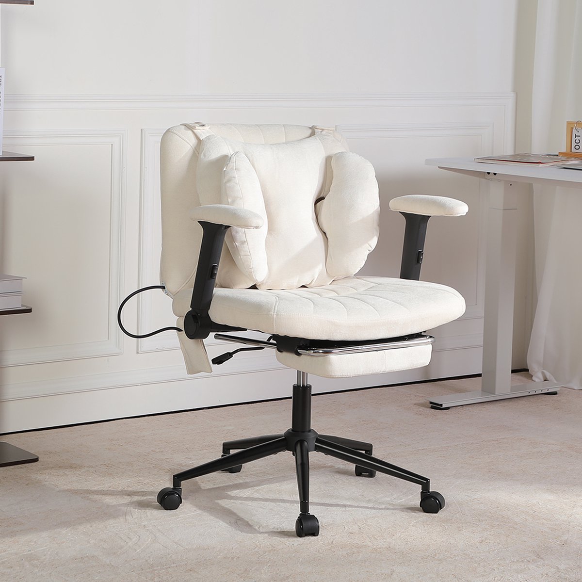 Ergonomische Bureaustoel - Fauteuilstoel - Brede Verdikte Zitting met Voetsteun - Verstelbare Opblaasbare Lendensteun - In Hoogte Verstelbare Armleuningen - Verstelbare Rugleuning - 360° Draaibaar met Stille Wielen - Stoel voor Studeerkamer-Beige