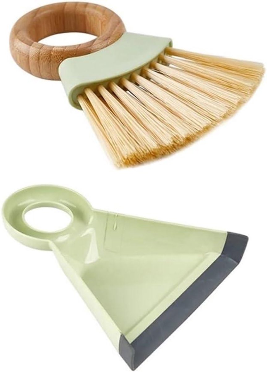 Mini stoffer en blik - Kleine bezemset - Bureau reinigen - Zachte borstelharen - 18 cm - Groen