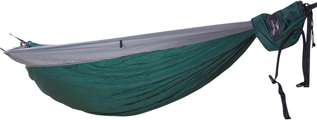 Outdoor Travel Camping double hammock for 2 people - set incl. tree belts, attachment, mounting material, parachute silk, ultra-light nylon (grey/dark green/grey) 3mm diamond