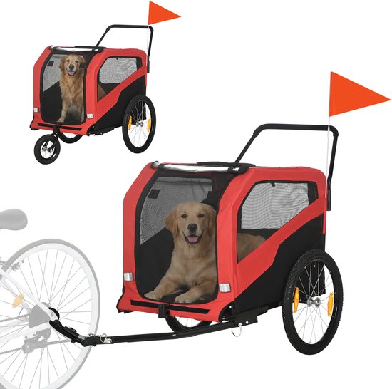 Rode fietskar voor honden met een Golden Retriever erin, met een fietswiel en een vlag.