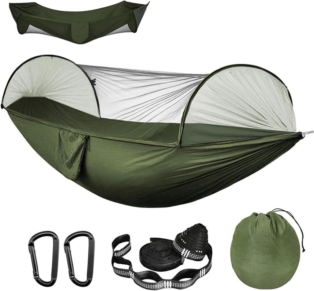 Reishangmat Dubbel - Kampeerhangmat Klamboe - Buiten Ontspannen - Inclusief Boomriemen - 270 x 140 cm - Legergroen