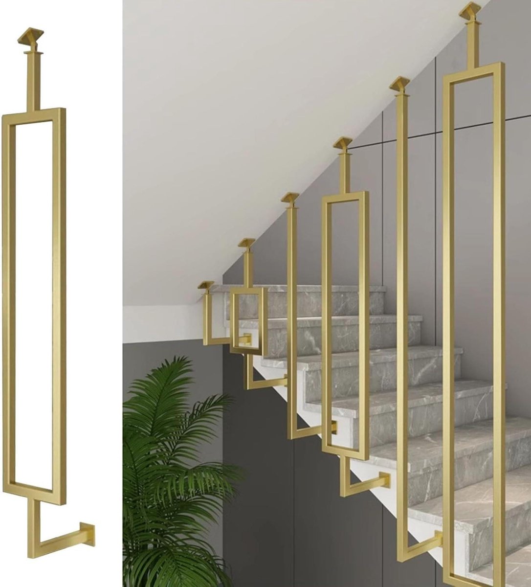 Zwarte/gouden trapleuningen voor schuine trappen, metalen trapspijlen met verstelbare voet voor winkels/hotels/theaters, eenvoudig te installeren trapleuningen (goud (1 stuk), 230 cm/90,6 in