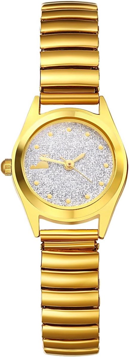 Dameshorloge - Pols horloge - Tijd aflezen - Sterren wijzerplaat - Elastische band - Goudkleurig