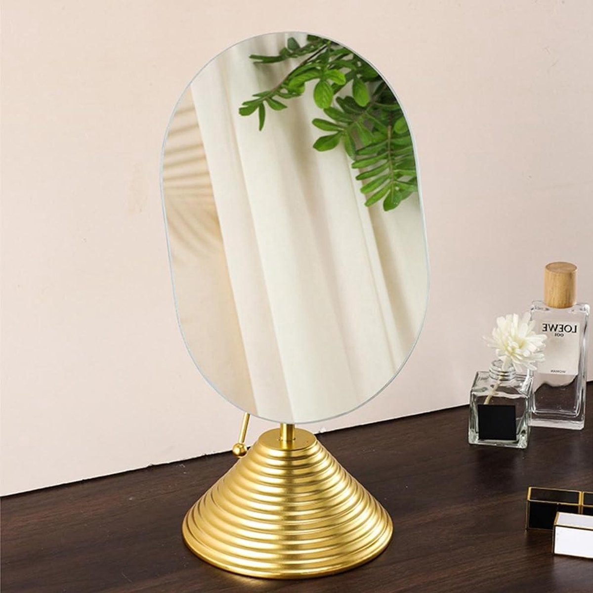 Frameless Desk Mirror with Stand, Metal Stand, Makeup Table, Tabletop, Oval Free Standing for Bathroom Bedroom A (Gold)