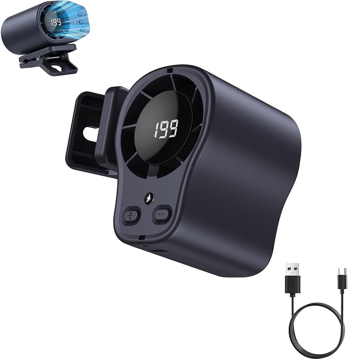 Autoventilator met clipbevestiging, LED-display, blaast koele lucht, draagbare persoonlijke koelventilator, 360° draaibaar, 199 instelbare ventilatorsnelheden, USB-oplaadbaar.