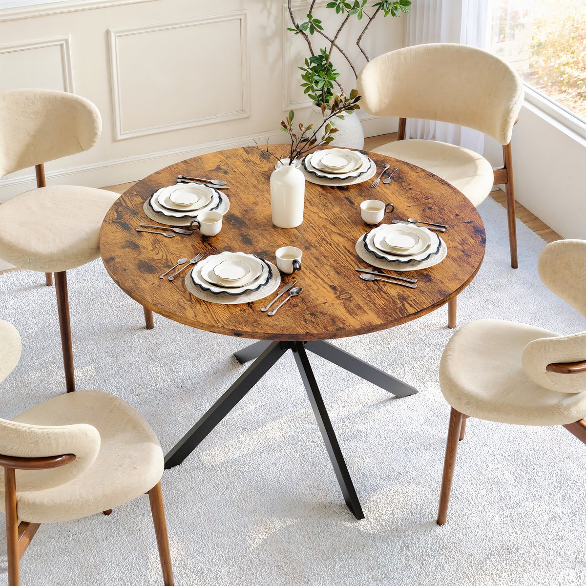 MODFU Ronde Eettafel - X-Vormig Onderstel - Industriële Stijl - Eetkamer - Spaanplaat En Staal - Bruin - Ø120 X 76 Cm