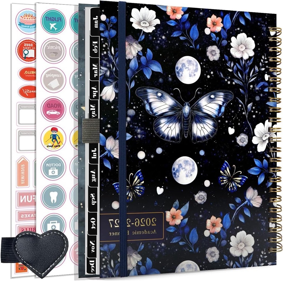 A5 Schoolkalender 2026-2027 met Spiral Binding, 12 Maanden Planner, Penlus en Stickers in Blauw