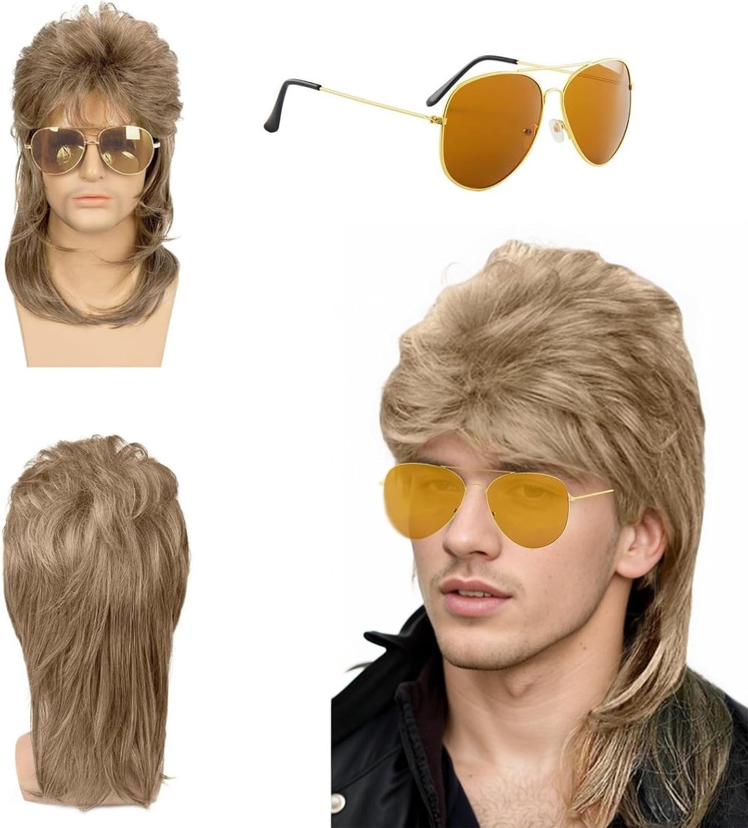 80s Kostuum voor Mannen met Vokuhila Peruk, Retro Rocker Accessoires en Halloween Outfit (Set van 2)