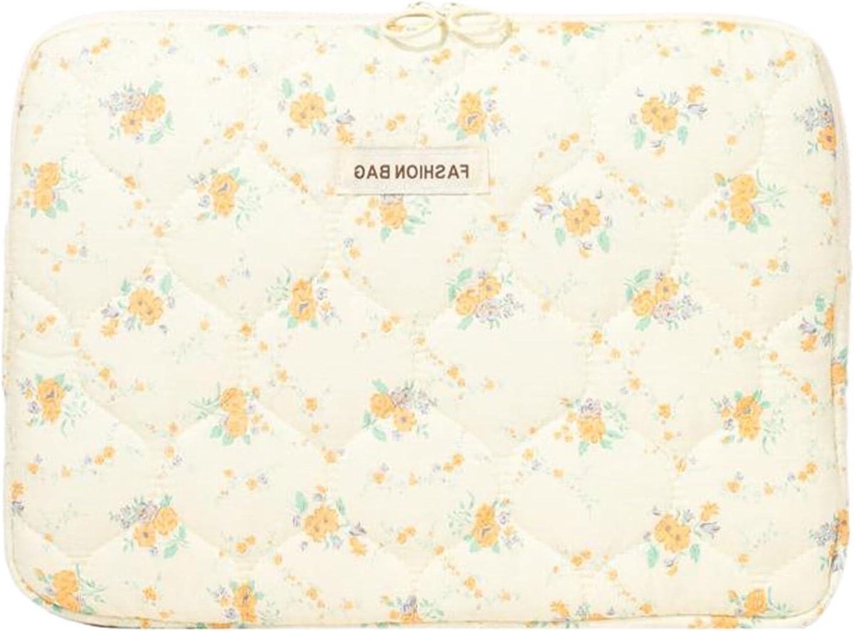 Laptophoes Bloemen - Laptoptas Dames - Apparaat Beschermen - Gewatteerd Ontwerp - 15 inch - Geel