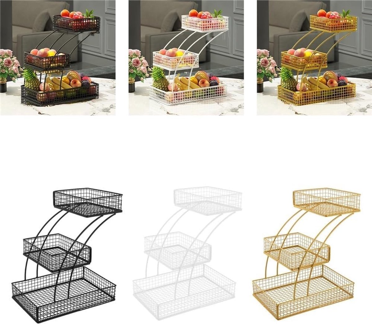 Fruitmand - Opbergmand - Keukenorganisatie - Drie Laags Ontwerp - 32cm Breed - Zwart