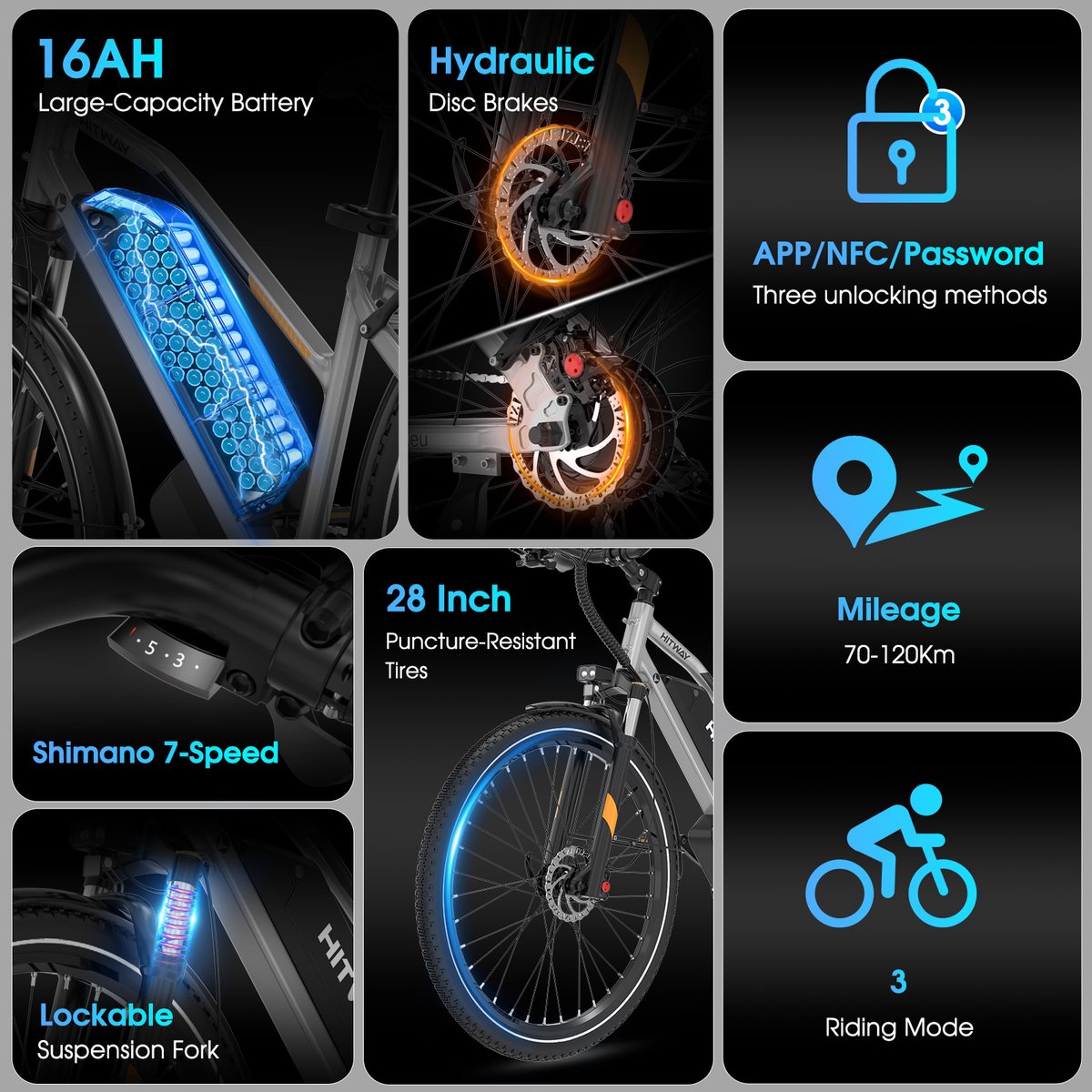 Elektrische Fiets Hitway BK27 Pro - 28 Inch City Commuter EBike met Afneembare 48V 16Ah Lithium Batterij - E-Bike met 250W Motor - APP Bediening – foto 5