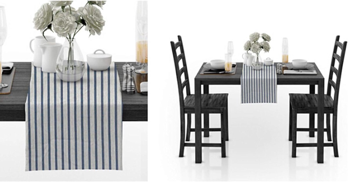Tafel Runner - Linnen Stof - Diner Decoratie - Krimpbestendig - 30x180CM - Blauw Wit