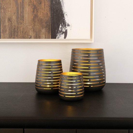 Atmooz - Theelichthouder Gladys - Set van 3 - Antique Zink - Goudkleurig Binnenin - Sfeervolle Decoratie - Metaal - Kaarsenhouder