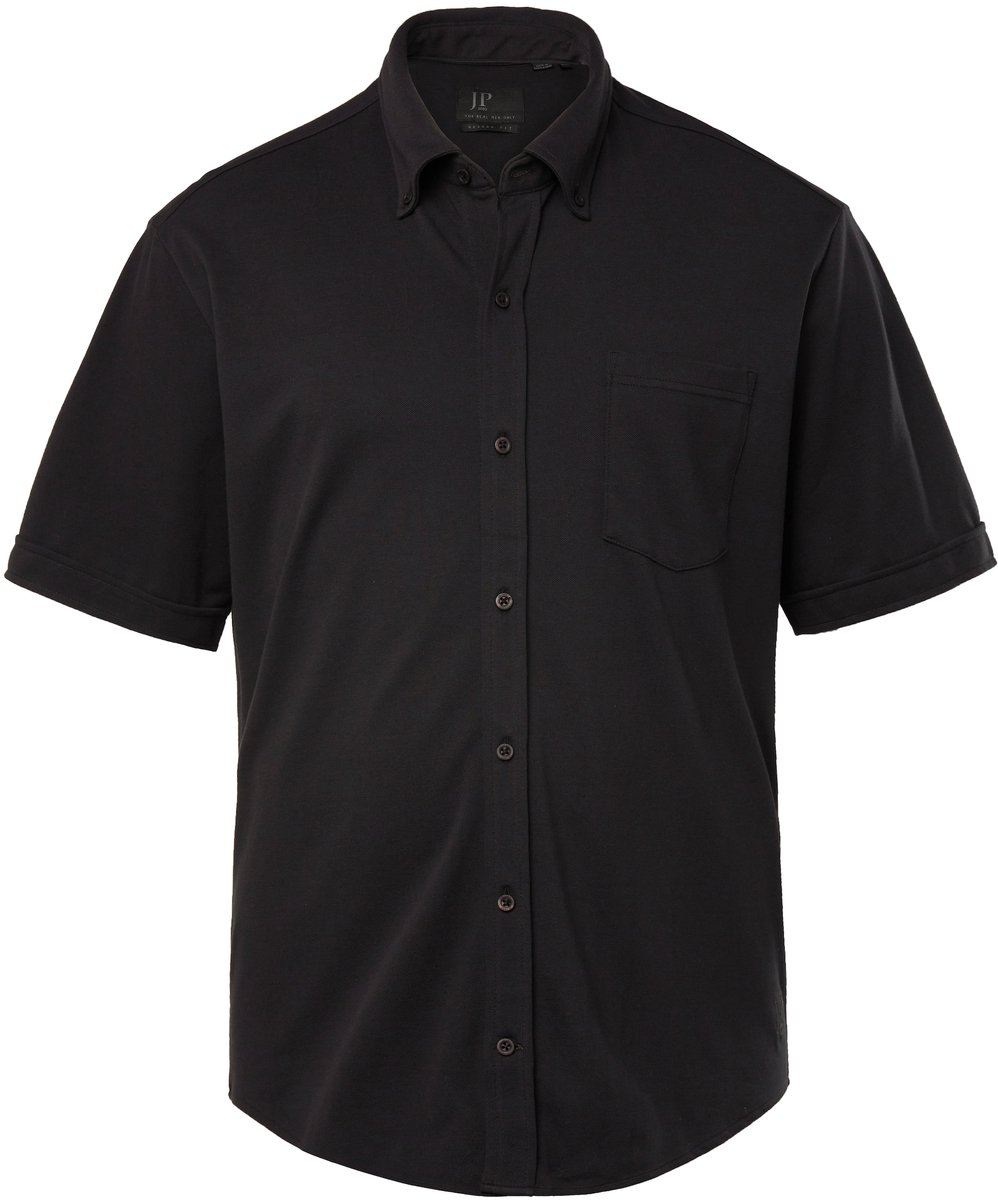 JP 1880 - Heren - Piqué overhemd FLEXNAMIC® korte mouw buttondown-kraag - Zwart - Maat 7XL
