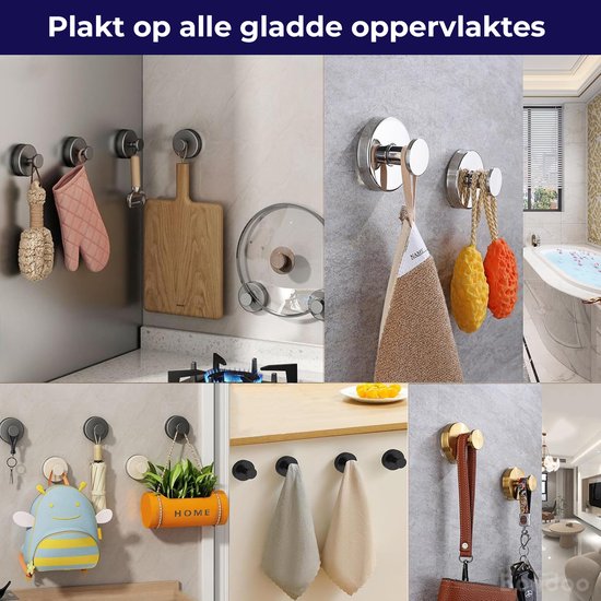Montage van zwarte en zilverkleurige haken op diverse oppervlaktes zoals metaal, tegels en marmer, in verschillende ruimtes zoals badkamer, keuken en woonkamer. Haken met handdoeken, keukengerei, sleutels en een tas.