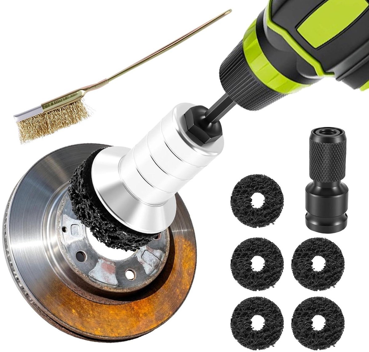 Wielboutreiniger Set - Naaf Poetsen - Auto Onderhoud - 5 Verwisselbare Pads - 147 cm Lengte - Zilver