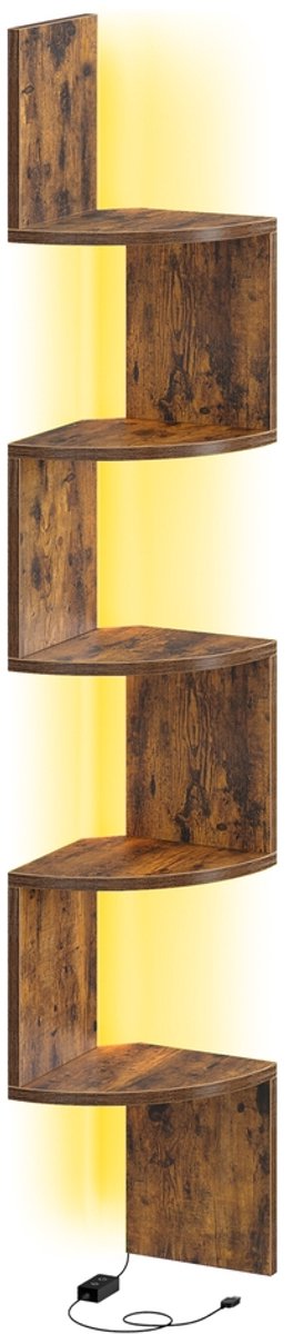 Vasagle Wandplank - Hoekplank - LED-Verlichting - Wandrek met 5 Niveaus - Voor Boeken en Planten Vintagebruin
