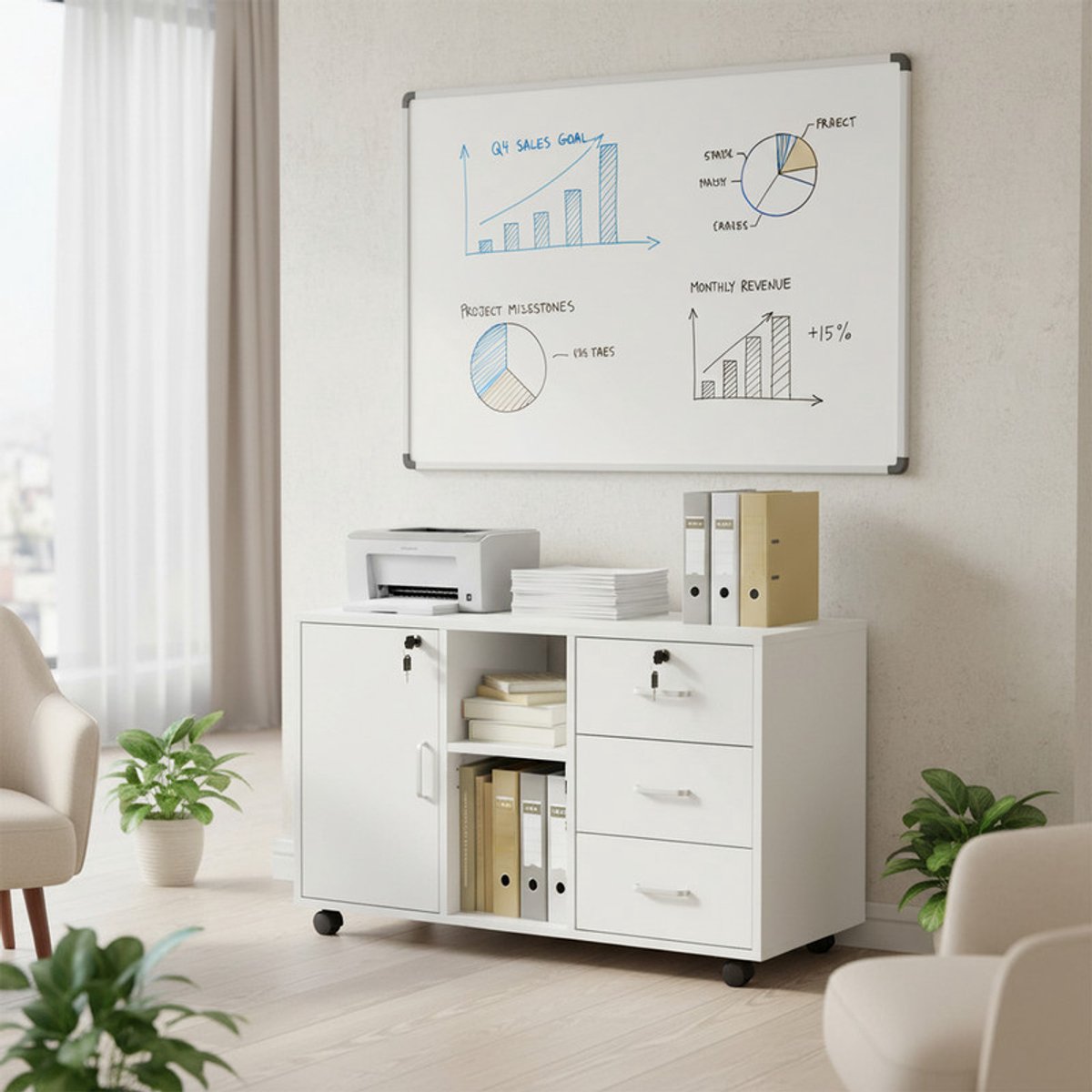 Afsluitbare archiefkast met 3 lades - 2 open vakken en 1 deur – Afsluitbare bureaukast op 4 wielen – Houten onderkast – Mobiele rolkast - Wit