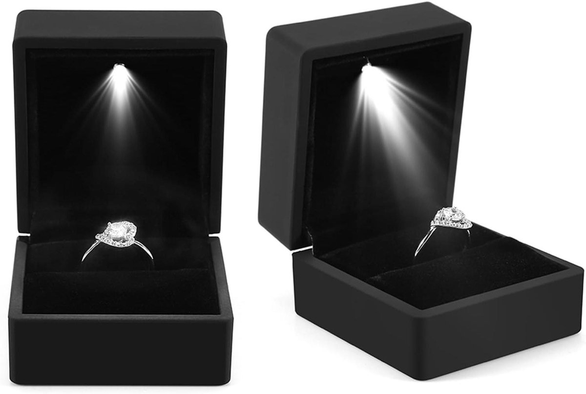 Ringendoosje met LED - Juwelendoosje Presentatie - Bijzondere Momenten - Geïntegreerde Verlichting - 7 x 6 x 5 cm - Zwart