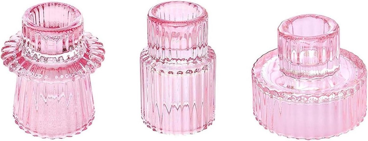 Glazen Kandelaar - Kaarsenstandaard Decor - Sfeervol Huis - Elegant Glasontwerp - 3 stuks - Roze