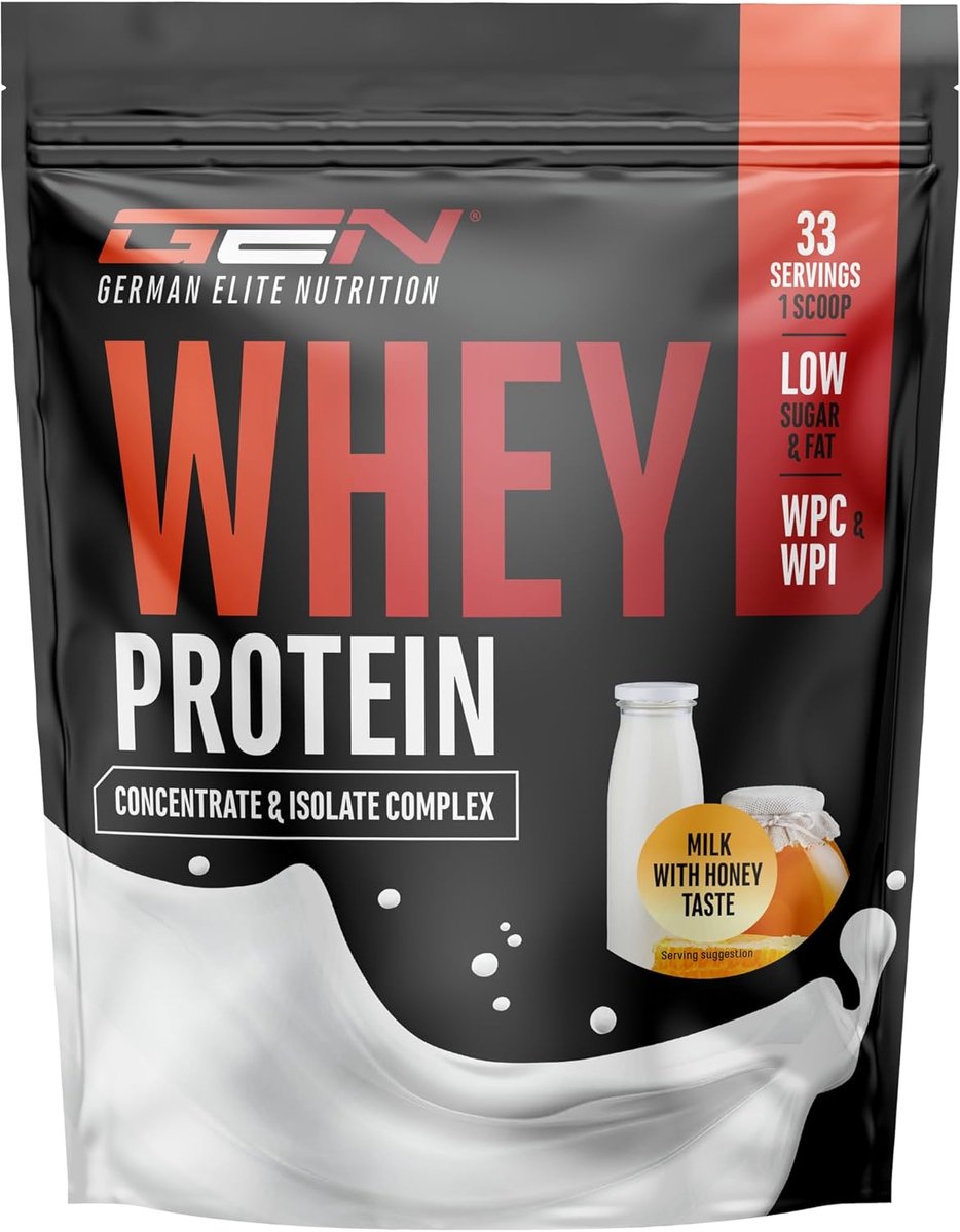 German Elite Nutrition - Whey Protein Complex - Melk met Honing - 1kg - Hoogwaardige Eiwitten - Rijk aan BCAA's - Gemakkelijk Mengbaar
