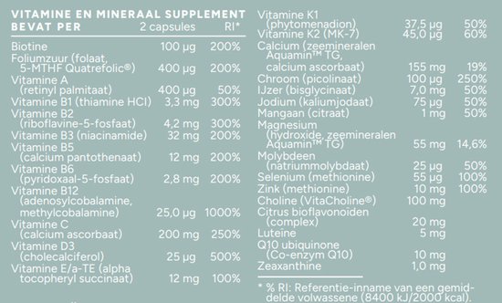 Gedetailleerde lijst met vitamines en mineralen van Mattisson Vegan Multi Man, met doseringen.