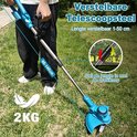 Lichtgewicht (2kg) turquoise grastrimmer met verstelbare telescoopsteel (lengte 90-140cm) en draaiknop.
