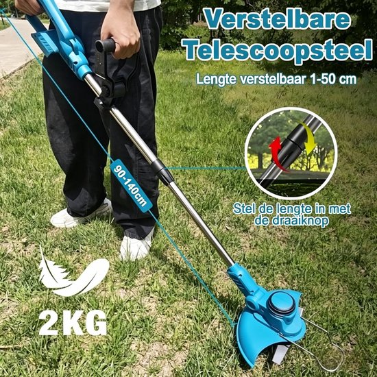 Lichtgewicht (2kg) turquoise grastrimmer met verstelbare telescoopsteel (lengte 90-140cm) en draaiknop.