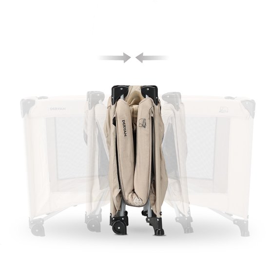 Beige campingbedje dat wordt ingeklapt, met pijlen die de beweging aangeven.