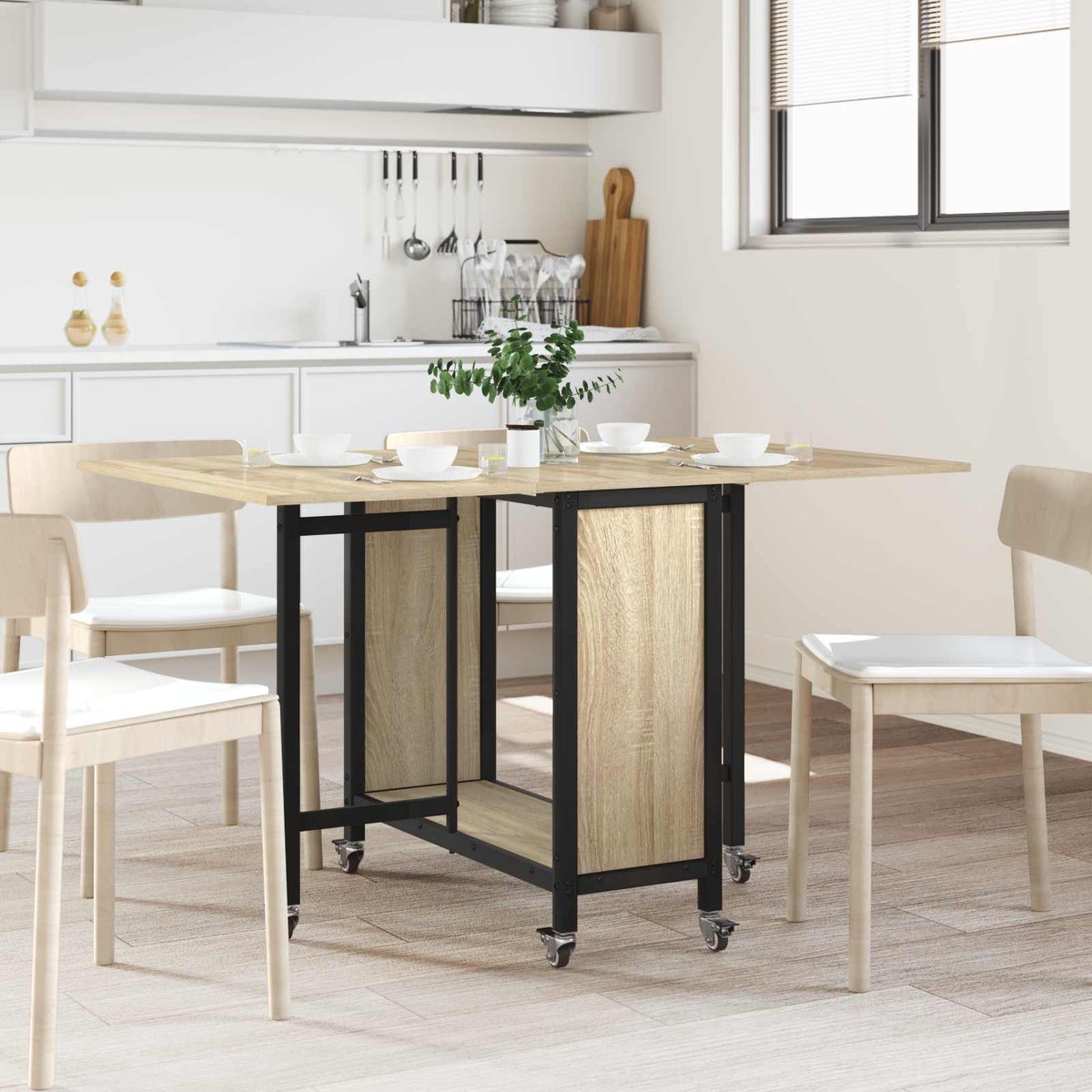 vidaXL - Vouwbare - eettafel - met - wieltjes - 130 - x - 80 - x - 76,5 - cm - staal - PB