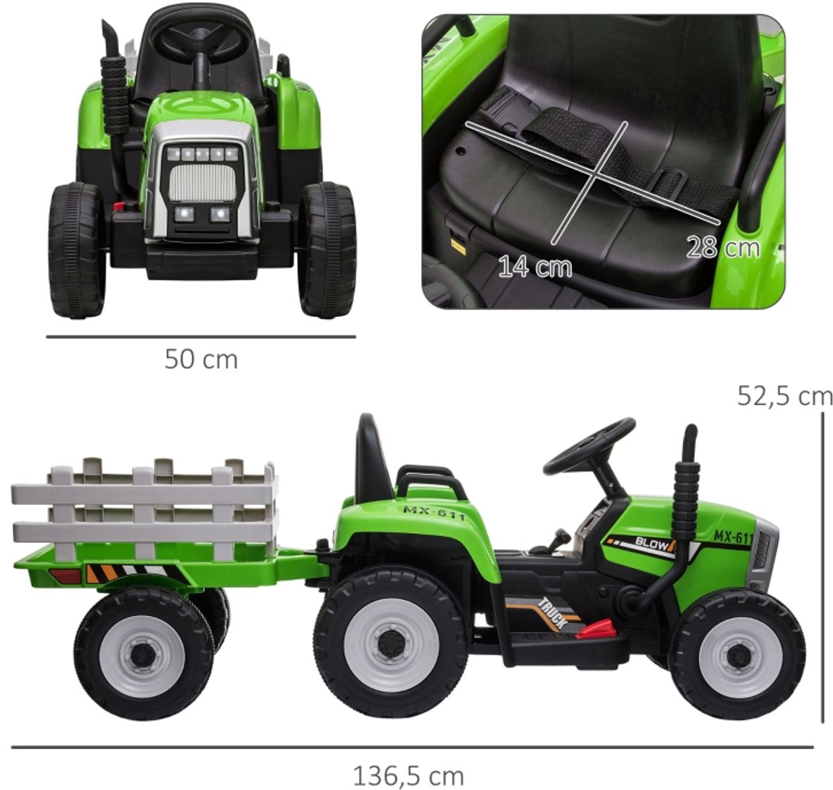 Kinder Elektrische Tractor - Groen Zwart - Afstandsbediening