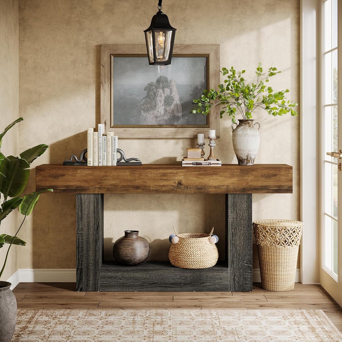 Tribesigns Console Table 63 Inch Long 2 Tier Entrance Table Sofa Table with Storage Farmhouse Wood Behind Coffee Table for Living Room Hallway (Rustic Brown and Grey)