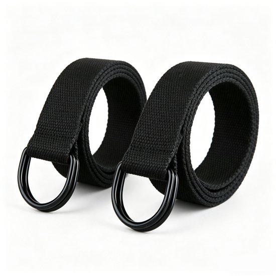 Heren canvas riem (130 cm) - Geweven riem met D-ringen - Verstelbaar (ontwerp zonder gaten) - Ideaal voor outdooractiviteiten & dagelijks gebruik (Zwart) - 2-delige set