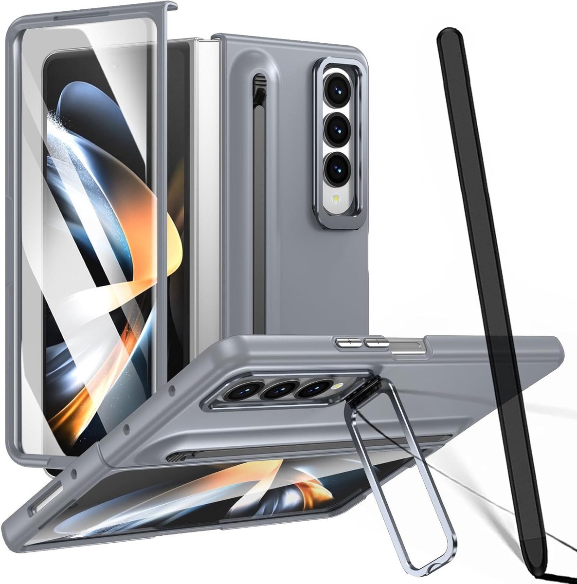 Beschermende hoes voor Z Fold 3 met Penhouder en Verstelbare Stand, Inclusief Screen Protector en Stylus Accessoire - Grijs