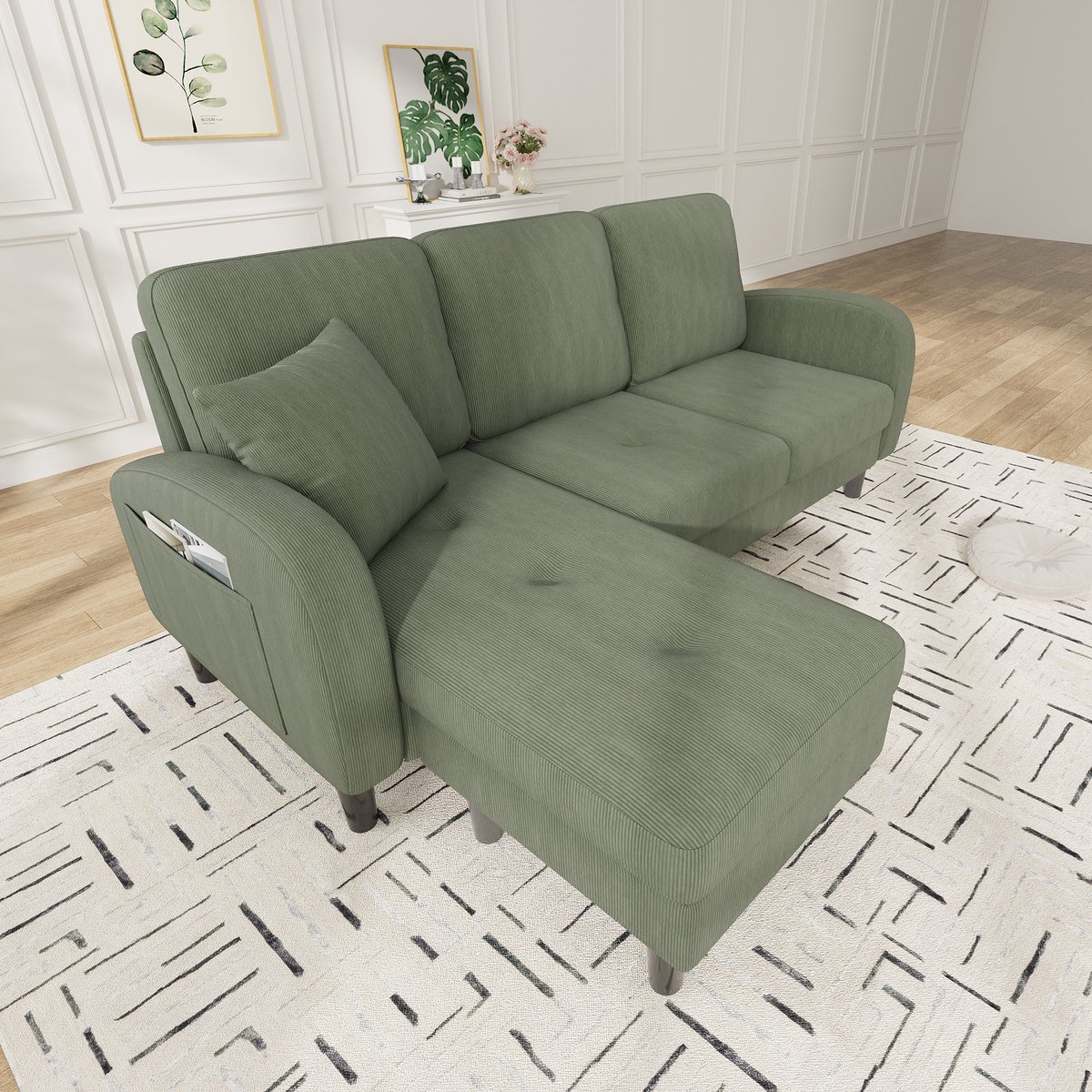 Zubaliya L-vormige Hoekbank met Chaise Longue - 3-zitsbank, L-Bank, 3-Zitsbank, Moderne Hoekbank, 166 x 118 x 77 cm, Corduroy Stof, Kunststof Poten, Modulair Ontwerp, Ideaal voor Woonkamers, Appartementen en Kantoren-Groente