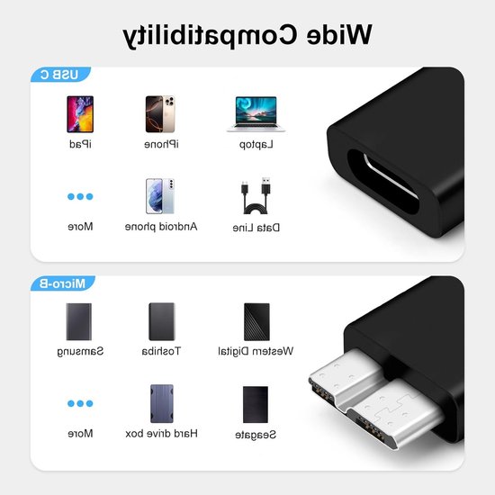 USB C naar USB 3.0 Micro-B Adapter voor Externe HDD/SSD, Compatibel met WD, Seagate en Toshiba, Zwart van Merkloos — afbeelding 5