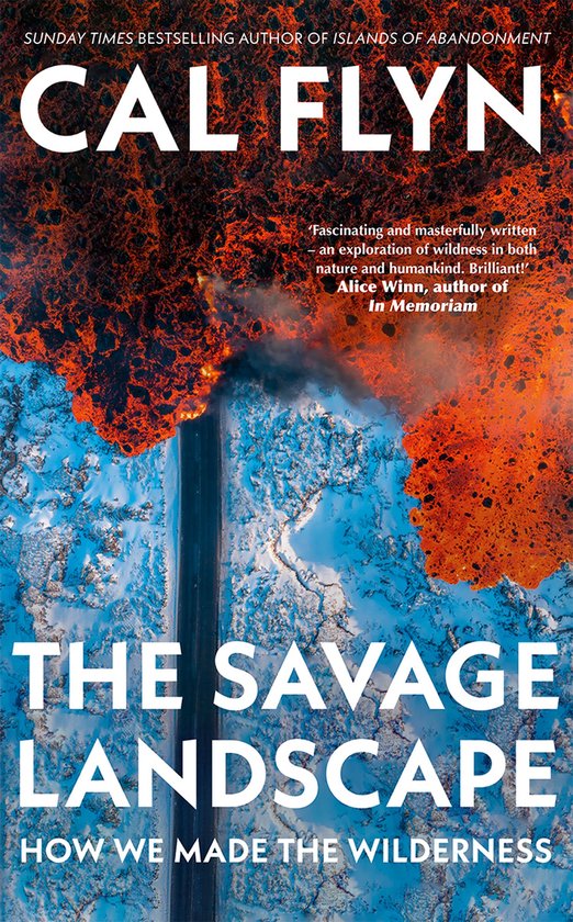 Boekcover van "The Savage Landscape" met CAL FLYN, een vurige oranje gloed boven besneeuwde grond.