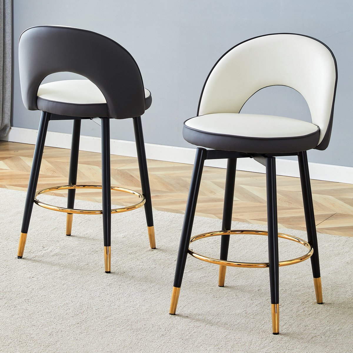 360° draaibare barkruk. Donkergrijze en witte zitkussencombinatie, PU-materiaal, comfortabele, gevoerde barkruk, geschikt voor bars, eetkamers, keukens, terrassen, enz. De doos bevat 2 stuks.
