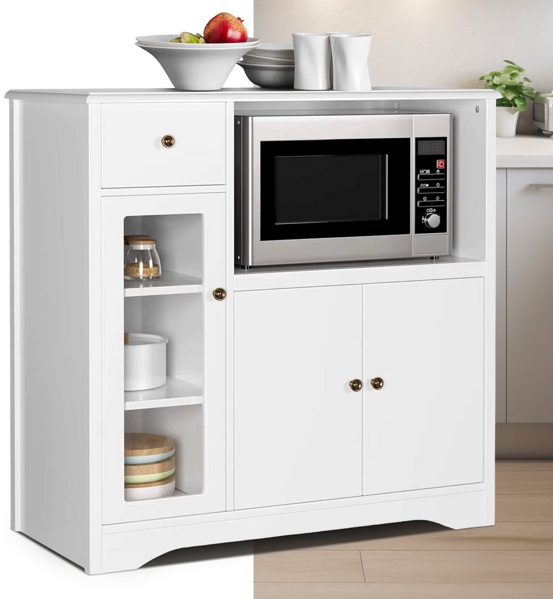 Magnetronkast - Keukenkast - Keukenrek Staand - Ovenkast - 90 cm x 40 cm x 82 cm - Organizers - Dubbele Draagplank - Aanrecht Organiser - Wit