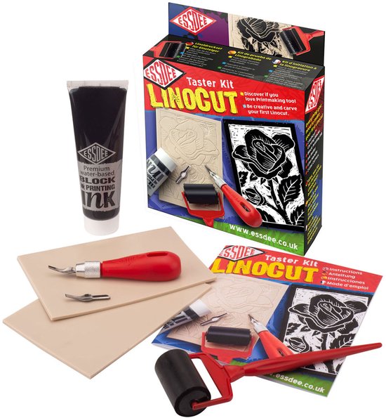 Essdee Linocut Taster kit - lino snijden voor beginners - 2 SoftCut Carving Blocks 150x105mm - Inkt Roller 45mm - 2 gutsmesjes met handvat - Zwarte inkt