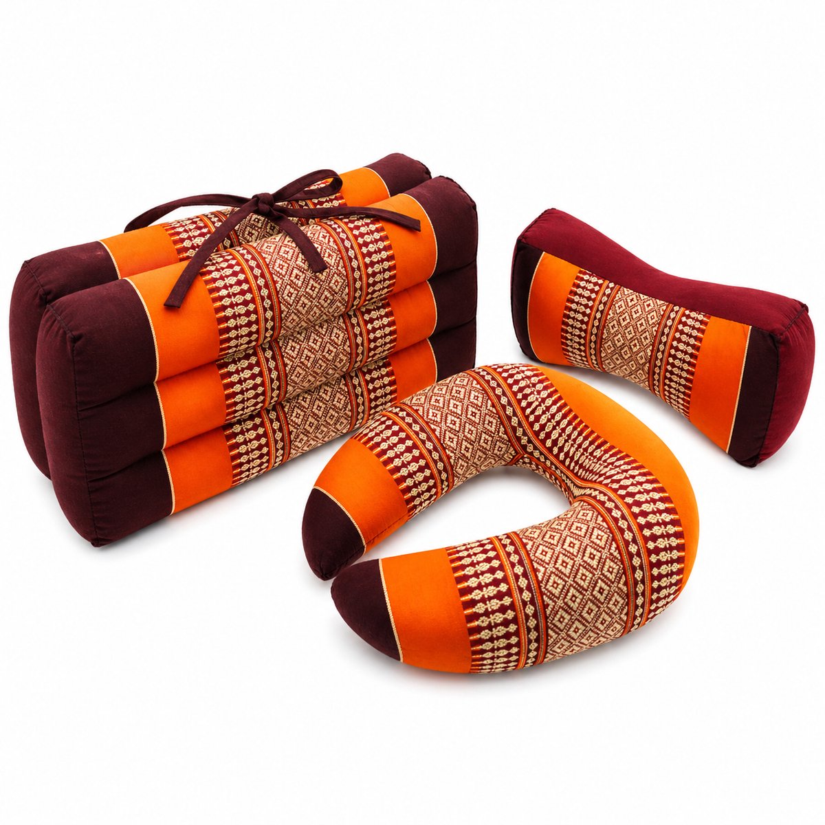 Meditatieset 3-delig oranje – hard & stevig kapok – draagbaar meditatiekussen + nek- en bone kussen – opvouwbaar yoga zitkussen met handvat