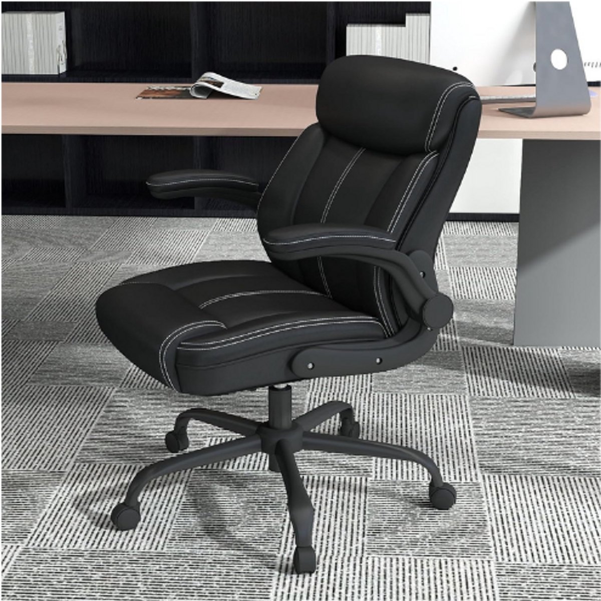 ANYGOD Ergonomische Directeursstoel Van Kunstleer - In Hoogte Verstelbare Bureaustoel - Opklapbare Armleuningen - 360° Draaistoel - Belastbaar Tot 136 Kg - Comfortabele Stoel Voor Thuiswerken En Kantoor - Zwart thumbnail 3
